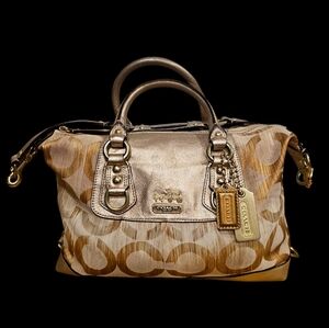Coach Signature Canvas Gold Leather Hobo Satchel Convertible Handbag EUC